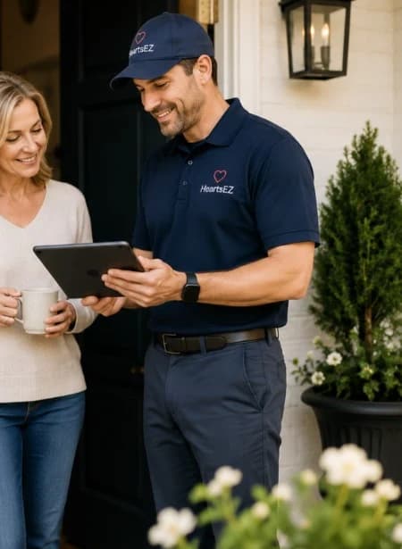 A Heartsez Steward speaking with a homeowner at the entrance of her home while reviewing the visit together.